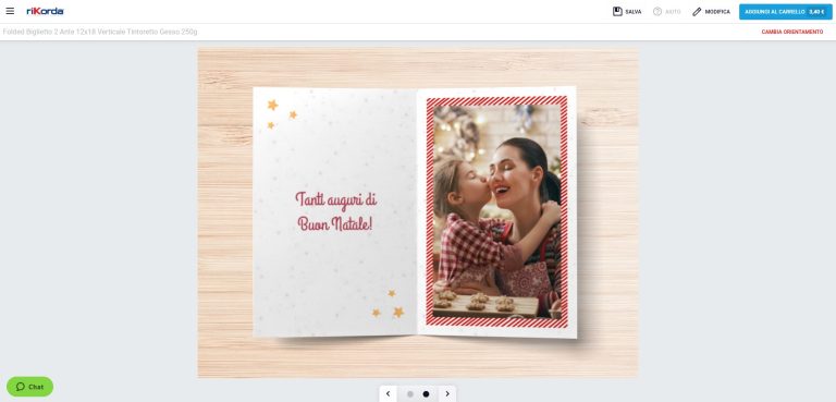 Editor Rikorda con anteprima del biglietto di Natale finale con foto e dedica personalizzata