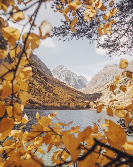 Foto di un lago circondato da foglie autunnali